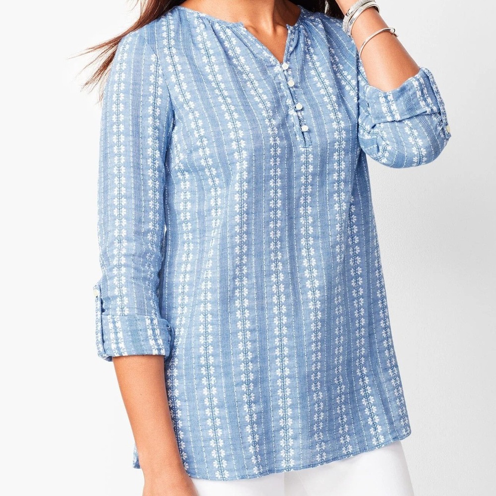 Talbots Womens Medium Blue White Floral Stripe Cotton Gauze Roll Tab Tunic Top